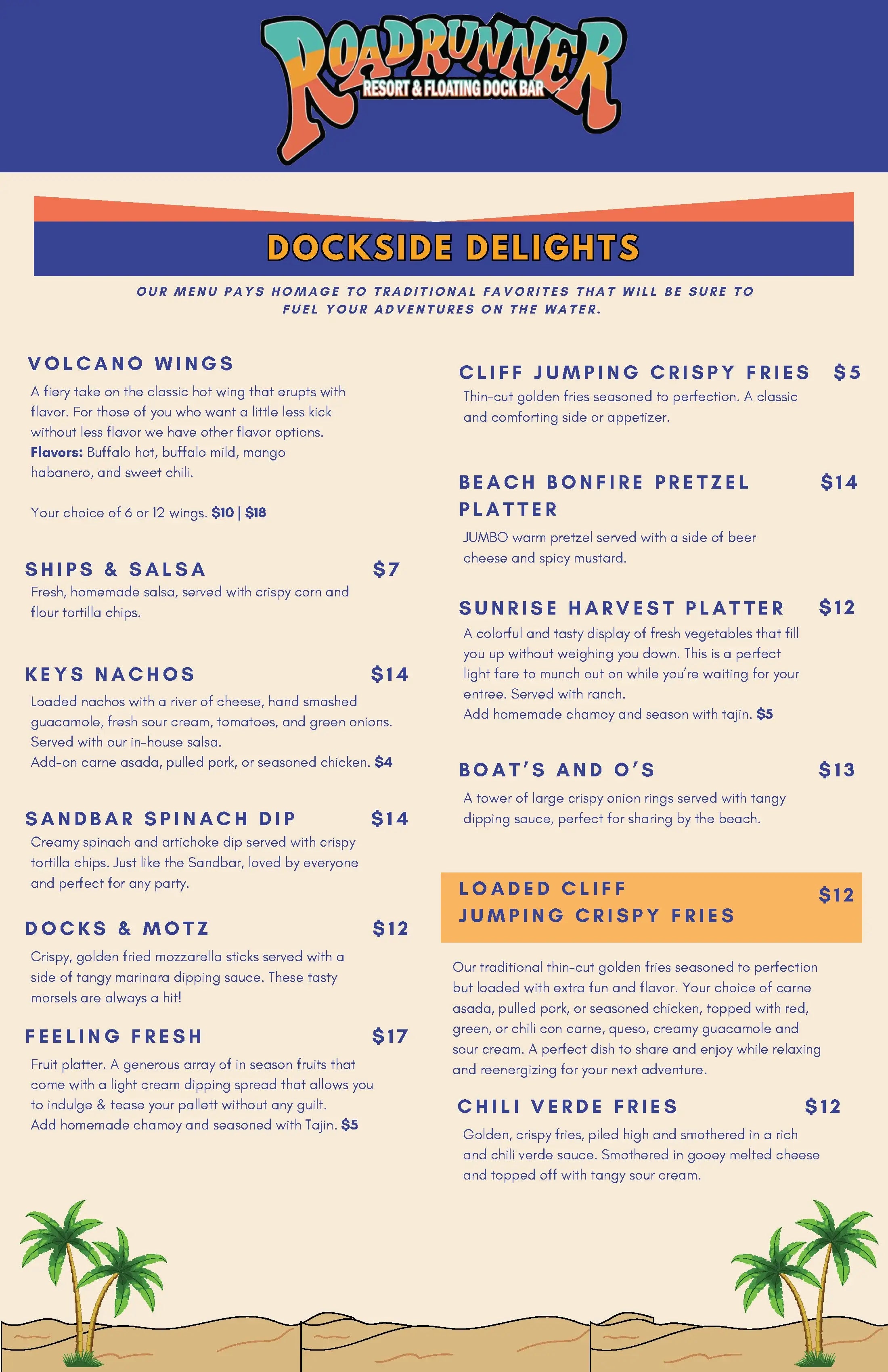 Roadrunner Resort Dock Bar Food Menu Drink