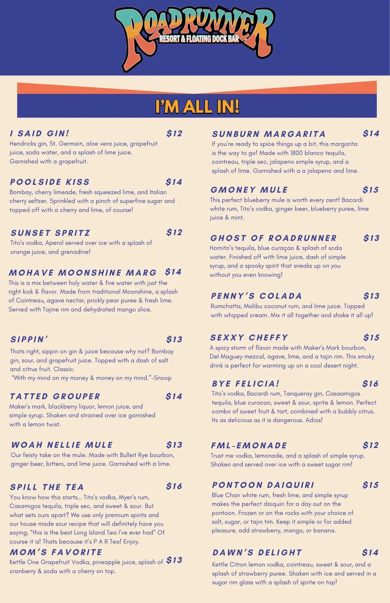 Roadrunner Resort Floating Dock Bar Cocktail Menu Draft