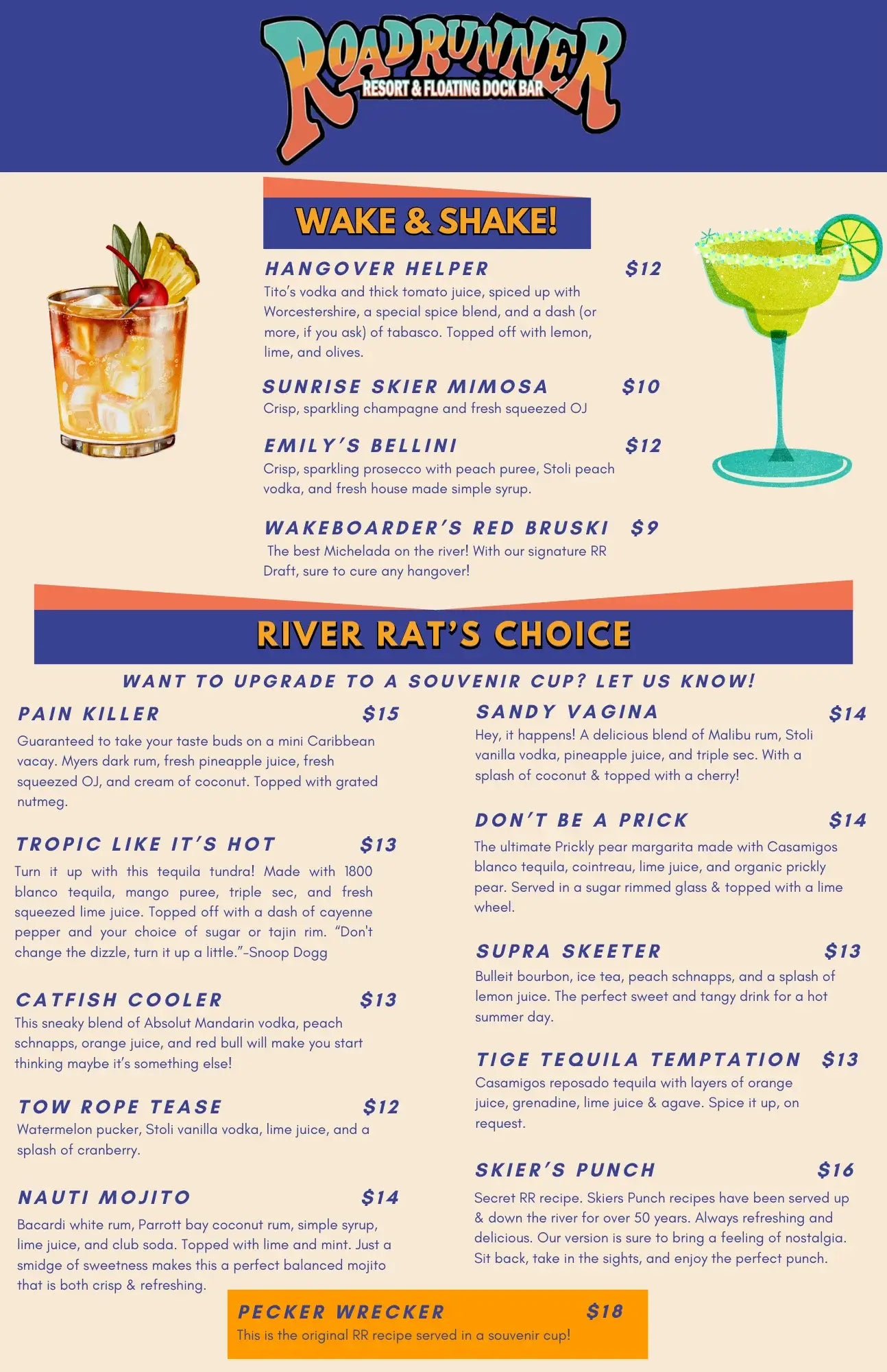 Roadrunner Resort Floating Dock Bar Cocktail Menu Drinks