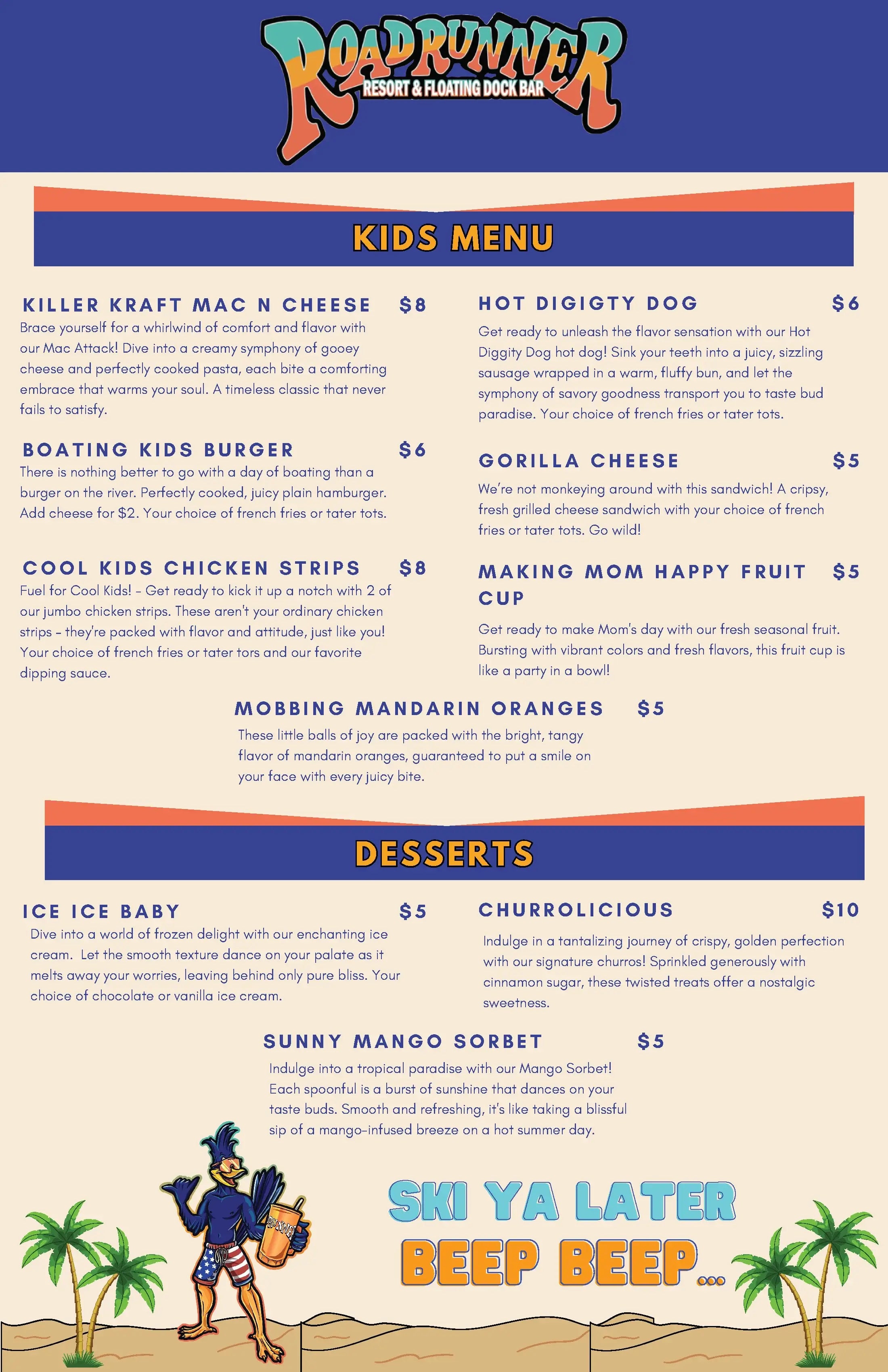 Roadrunner Resort Kids Menu Food